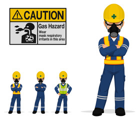 An isolated industrial worker with respirator on transparent background