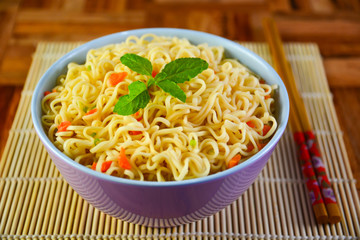 Hot noodle bowl Placed on a china style wooden floor Ready to eat