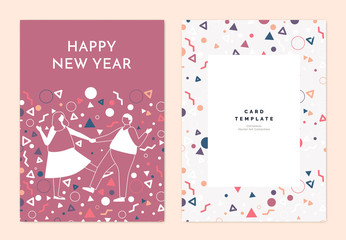 Happy new year greeting card template design, a couple dancing decorated with confetti on dark pink background