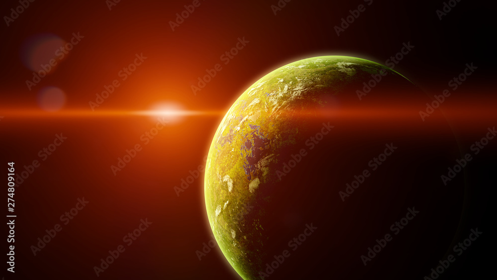 Wall mural sunrise over forest exoplanet, jungle alien planet in a distant star system