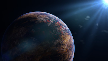 Obraz na płótnie Canvas lava planet, exoplanet lit by an alien sun (3d space illustration)