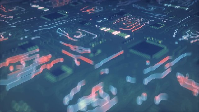 Circuit board conducts electric current. Electrical conductivity concept. Seamless loop 3D render animation