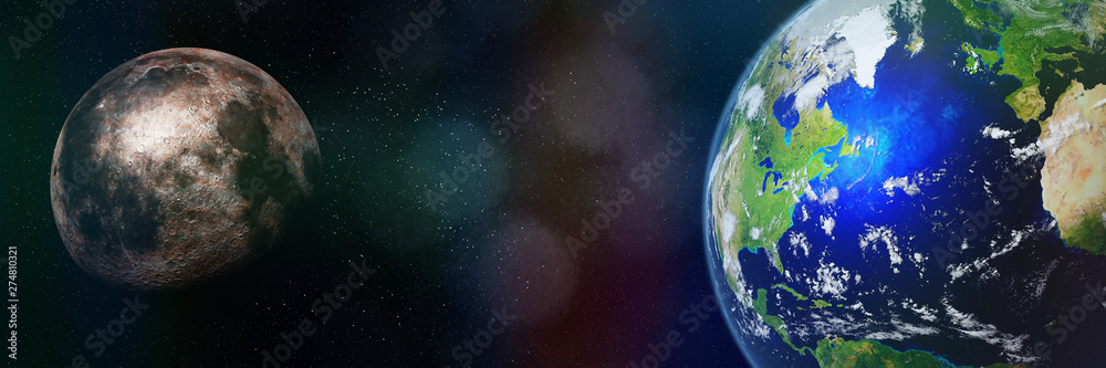 Wall mural planet earth with the moon (3d science rendering banner, elements of this image are furnished by nas