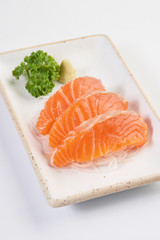 Sashimi salmon tuna and shrimp with rice. Mix sashimi Japanese food on white background- Image