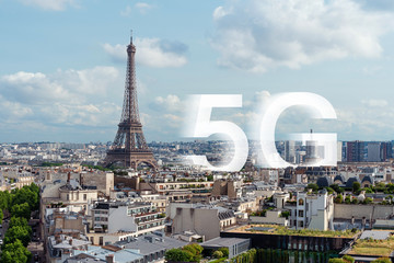 5G high speed internet in Europe. Eiffel tower, famous landmark and travel destination in Paris, France