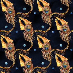 Watercolor seamless pattern of jewelry chains and multicolor gemstones.