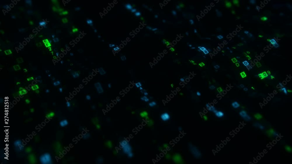 Wall mural Glowing blue and green hexadecimal big data digital code. Futuristic information technology concept. Computer generated seamless loop 3D render animation with DOF - Wall murals