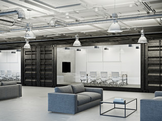 Office interior with container meeting room. 3D render