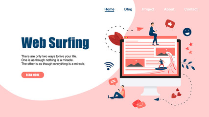 Fototapeta na wymiar Webpage Template. Surfer surfing a wave web page vector illustration. Web page surfing concept. 