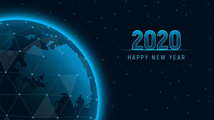 Fototapeta premium Modern futuristic template for 2020 on background with holographic Earth polygons connection structure. View from space on the planet Earth. Concept future technology. Vector illustration.