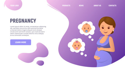 Template landing page with pregnant woman in dress holding hands on belly. Pregnancy, maternity, preparation for birth concept design in trendy violet colors. Vector illustration.