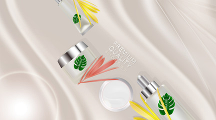 Beauty product, white cosmetic containers with advertising background ready to use, luxury skin care ad, illustration vector.	