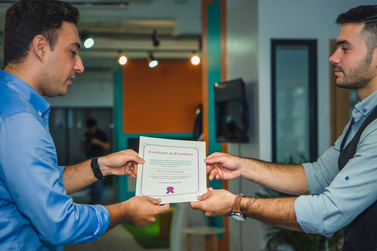 business executive management having congratulation to executive staff who get award with certificate