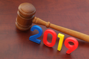 Judge gavel and numbers 2019. New laws in 2019 and changes in legal system