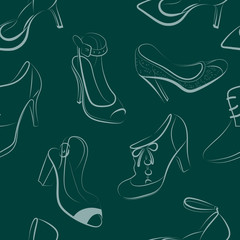 Vector seamless pattern with a picture of elegant women shoes. Light stylish contours of women's shoes on a dark contrast background.