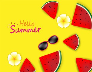 Hello Summer background. travel summer concept. Top view on sun glasses , flower and watermelon on colorful pastels paper . Vector.