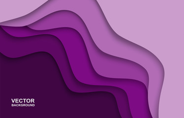 Purple pastel waves paper art style. abstract background design with shadows. Vector.