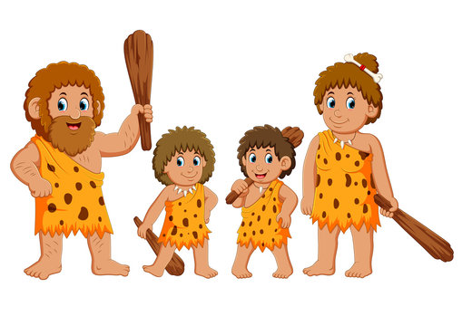 the caveman family is posing and smiling
