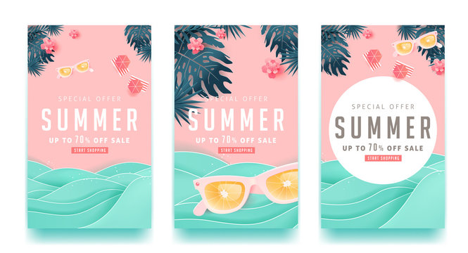 Summer sale design with paper cut tropical beach bright Color background layout banners .Orange sunglasses concept.voucher discount.Vector illustration template.