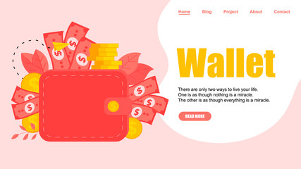 Webpage Template. Wallet with dollar banknotes and coins. Finance bank concepts.	