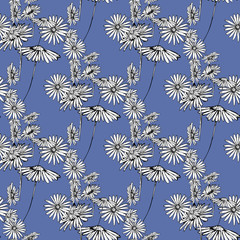 Flower graphic design. Cute seamless vector tile pattern. Retro vintage. line chamomile flowers design on black background.