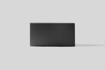 Black Cardboard Box Mock up with white label isolated on light gray background.Realistic photo.3D rendering