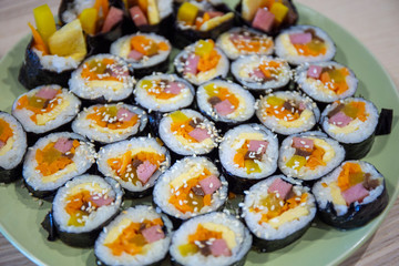 Kimbap filled with vegetables, egg and ham