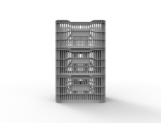 3d rendering of a stackable plastic storage crate isolated in white background.