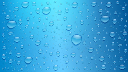 Water drops on blue background. Three dimensional realistic droplets, vector 3d illustration. Textured background for banner, poster, leaflet.