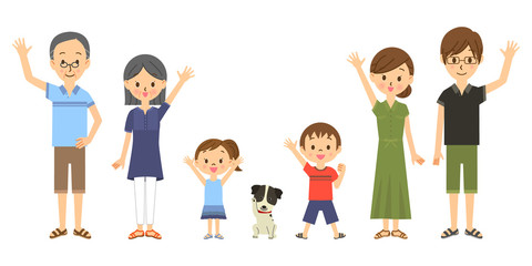 並んで手を振る三世代家族とペット