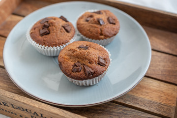 home made chocolate chip muffins in a muffin tray
