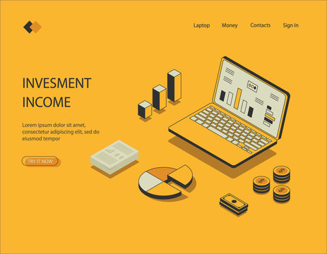 Isometric image on yellow background of investment income. Visualization of financial report, data analysis, notebook with charts, investment and income generation. Vector illustration.