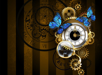 Silver watches with blue butterflies