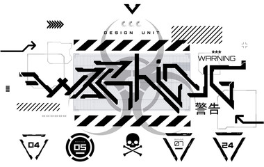 Warning lettering art. Futuristic elements for T-shirt design. Trendy digital elements for silkscreen clothing. Lettering Future in ambigram style. And Japanese inscriptions - warning. T-shirt merch
