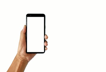 Man hand holding smartphone with white empty screen on isolated white background