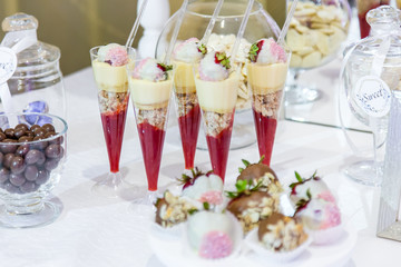 Fresh sweets on festive table in the restaurant.