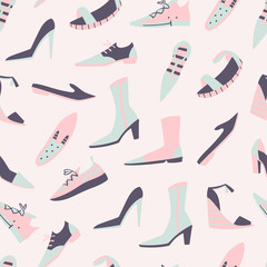 Vector Hand Drawn Doodle Shoe Pattern. Seamless Vector Background.