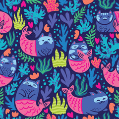 Underwater seamless pattern with cats mermaid, seaweed and corals