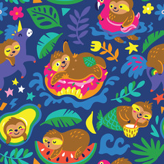 Seamless pattern with cartoon sloths enjoy summer day in the water. Vector illustration