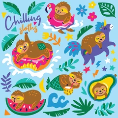 Foto op Plexiglas Vector cartoon set with sloths characters relax in summer holidays © penguin_house