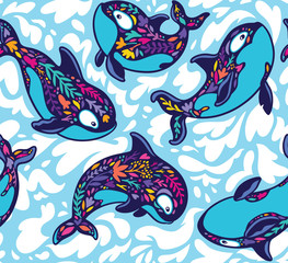 Killer whale orca seamless pattern in floral style. Decorative vector illustration