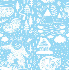 Fototapeta na wymiar Snowy endless background of ski resort with chalet, mountains and forest animals. Vector illustration