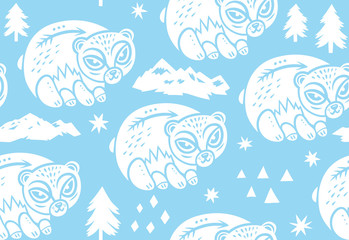 Childish seamless pattern with white polar bear, mountain, tree and triangles. Vector background in scandinavian style