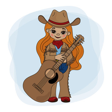 GUITAR PLAYER Cowgirl American Cowboy Western Music Festival Vector Illustration Set for Print Fabric and Decoration