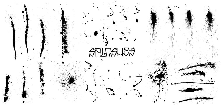 Set of black grunge splash on white background (isolated).  High quality manually traced.  Grunge distress calligraphy ink stains. Black ink blow explosion. Splatter grunge set. Vector 