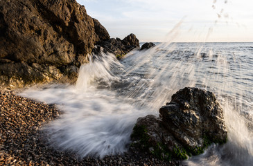 Beautiful amazing nature background. Tropical blue sea sunset. Luxury holiday resort. Island atoll about coral reef. Fresh freedom.