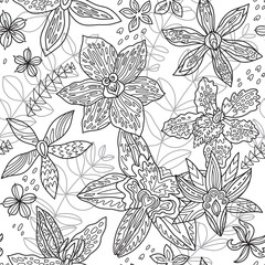Fototapeta premium Ink Australian Native Orchids flowers. Seamless pattern in contour. Vector illustration