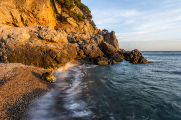 Beautiful amazing nature background. Tropical blue sea sunset. Luxury holiday resort. Island atoll about coral reef. Fresh freedom.