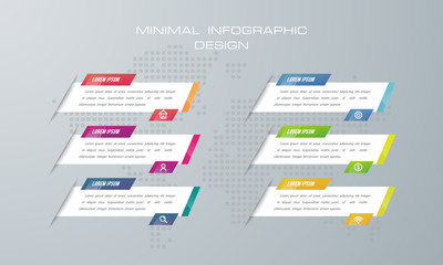 Infographic template with 6 options, workflow, process chart,Timeline infographics design vector can be used for workflow layout, diagram, annual report, web design, steps or processes. - Vector