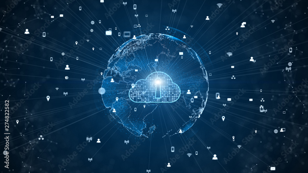 Fototapete Secure Data Network Digital Cloud Computing Cyber Security Concept. Earth Element Furnished by Nasa